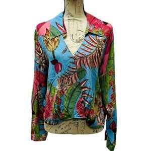 NWT Rachel Rachel Roy Tropical Floral Leaf Bird Print Wrap Top Long Sleeve Large